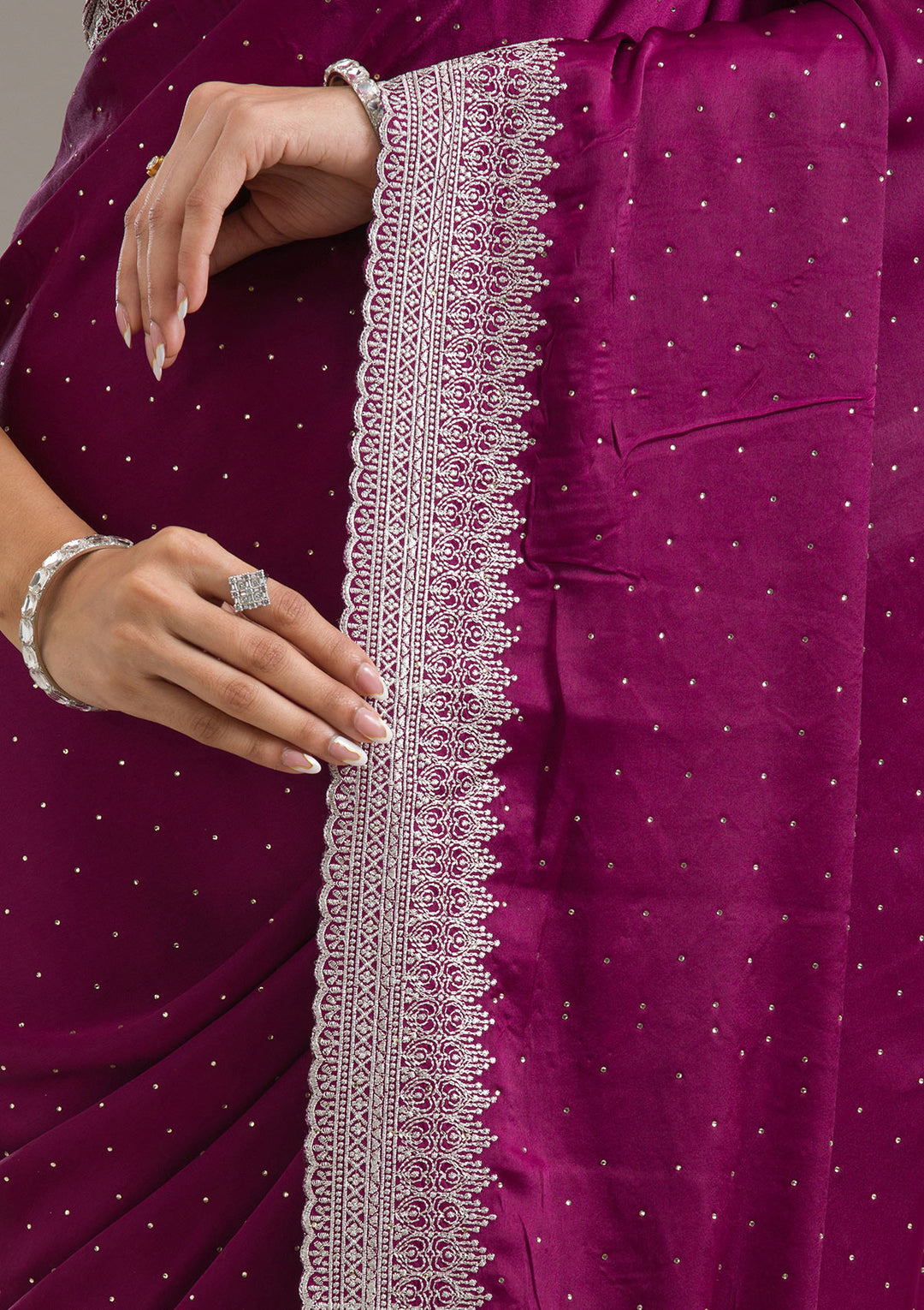 Wine Satin Silver Zariwork Saree With Matching Blouse Piece