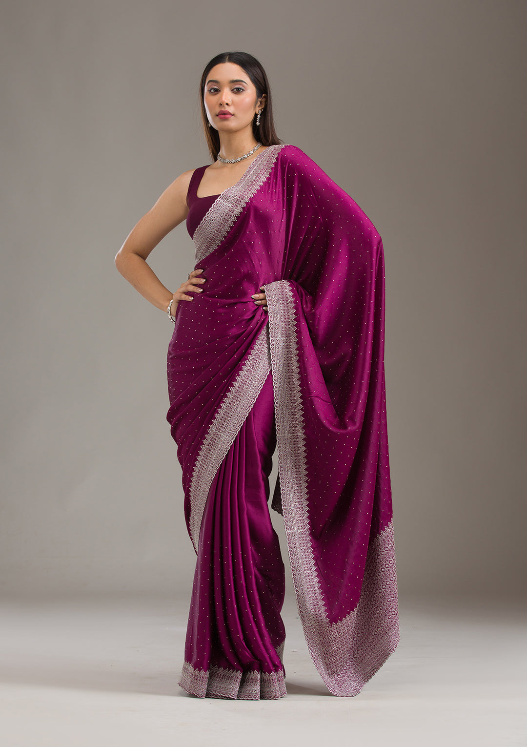 Wine Satin Silver Zariwork Saree With Matching Blouse Piece
