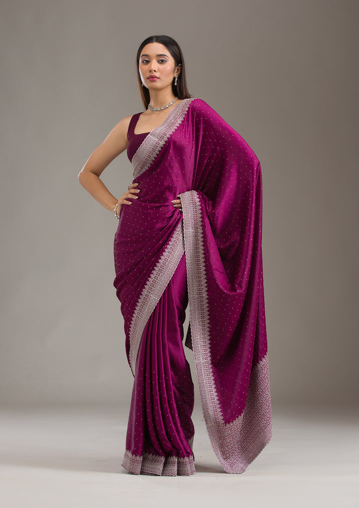 Wine Satin Silver Zariwork Saree With Matching Blouse Piece