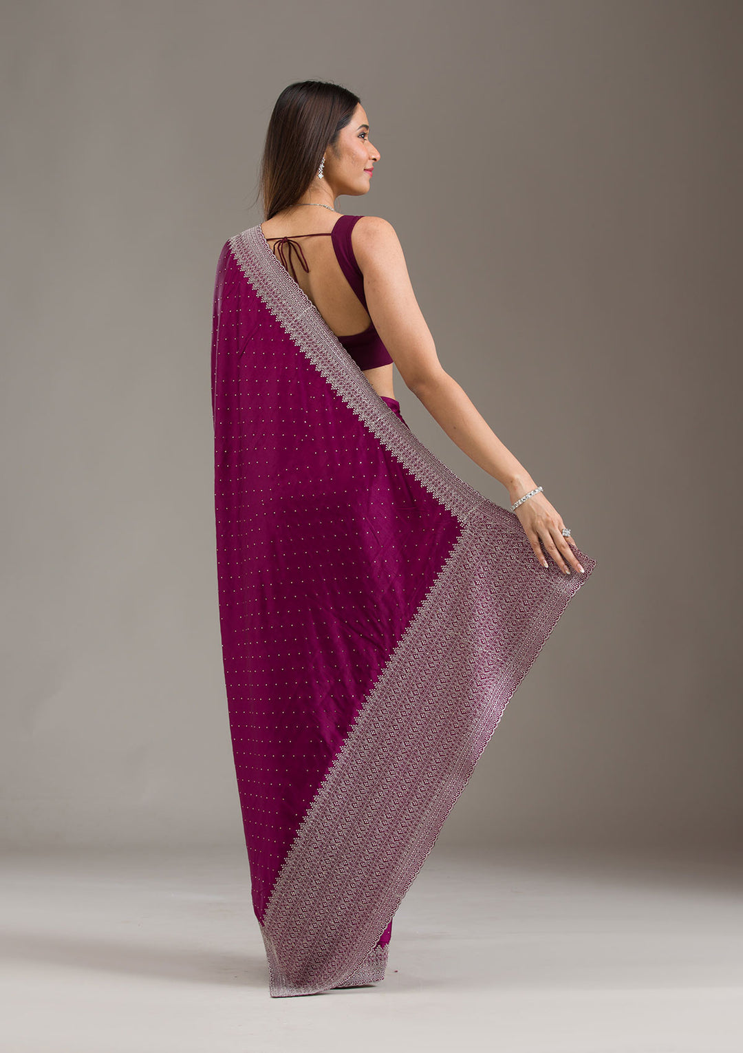 Wine Satin Silver Zariwork Saree With Matching Blouse Piece