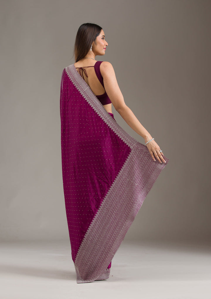 Wine Satin Silver Zariwork Saree With Matching Blouse Piece