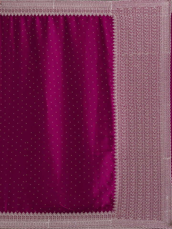 Wine Satin Silver Zariwork Saree With Matching Blouse Piece