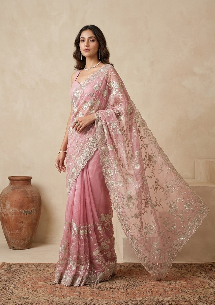 Baby Pink Tissue Silver Zariwork Saree With Matching Blouse Piece