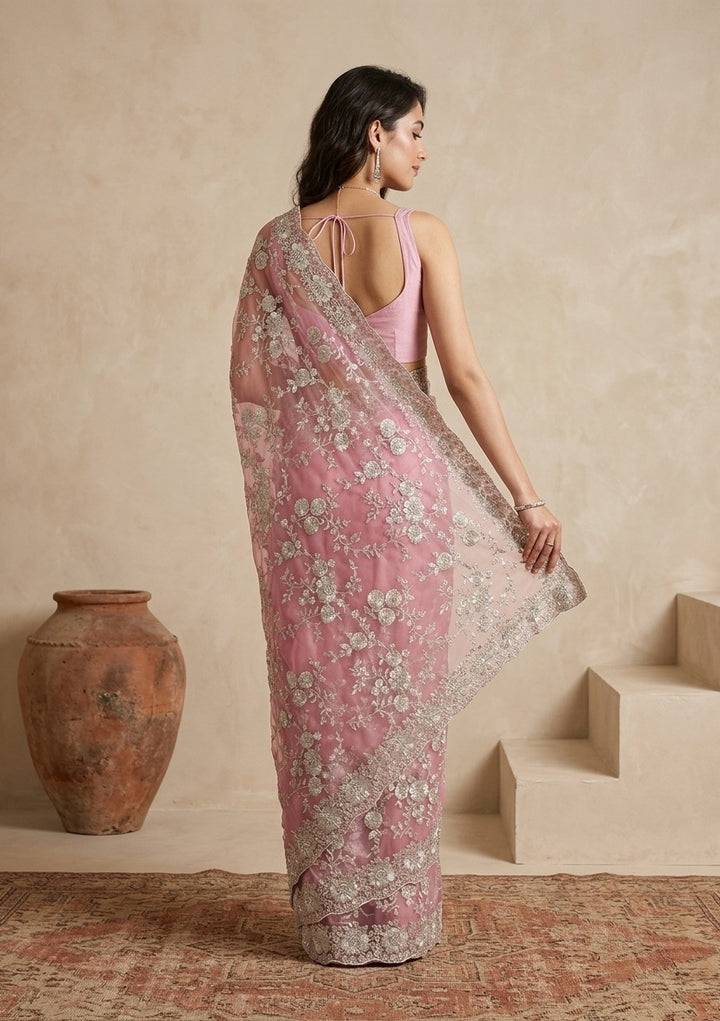 Baby Pink Tissue Silver Zariwork Saree With Matching Blouse Piece