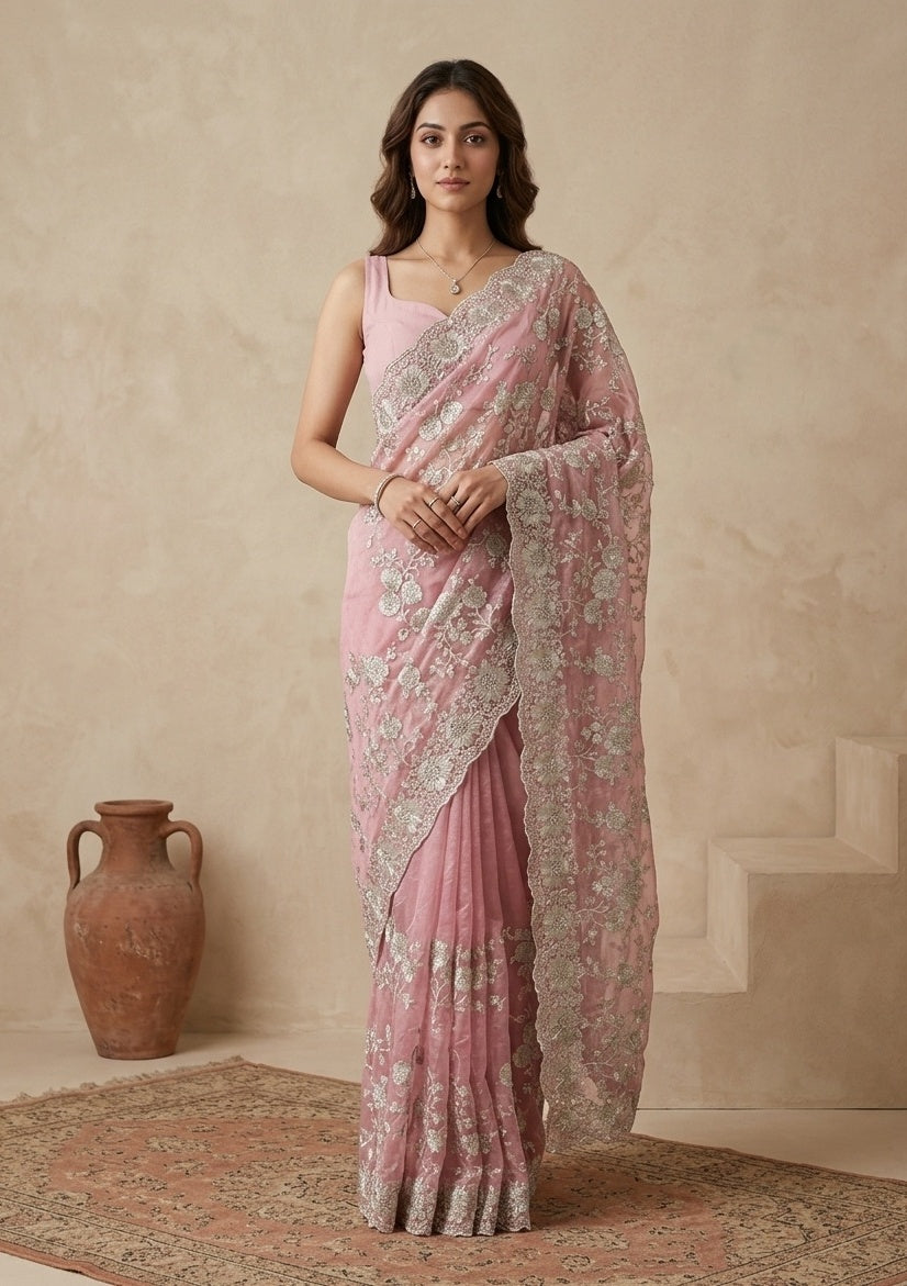 Baby Pink Tissue Silver Zariwork Saree With Matching Blouse Piece