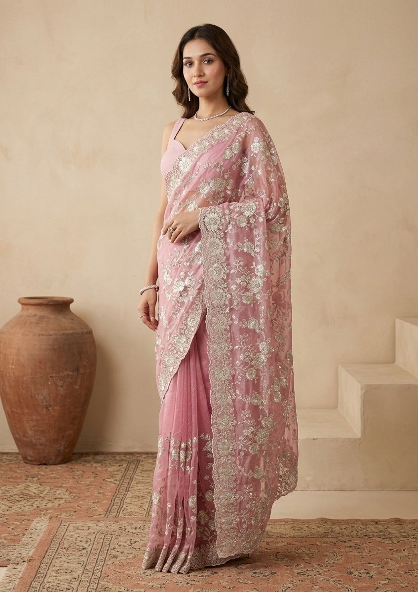 Baby Pink Tissue Silver Zariwork Saree With Matching Blouse Piece