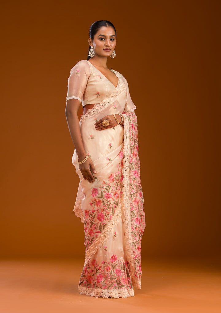 Peach Threadwork Tissue Saree