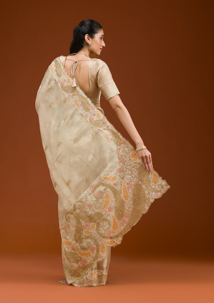 Yellow Threadwork Tissue Saree