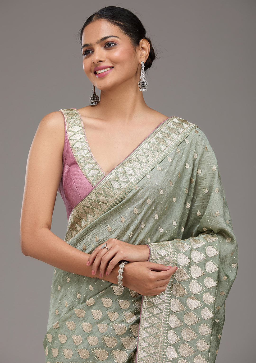 Pista Green Stonework Art Silk Saree