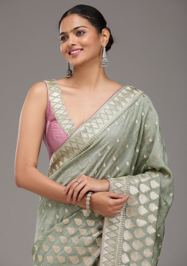 Pista Green Stonework Art Silk Saree