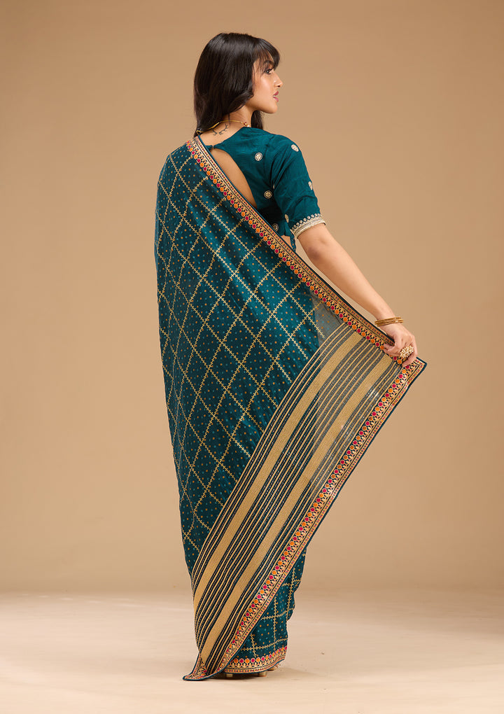 Peacock Blue Gold Zariwork Soft Raw Silk Saree