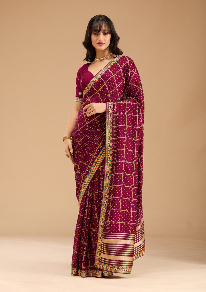 Wine Gold Zariwork Soft Raw Silk Saree