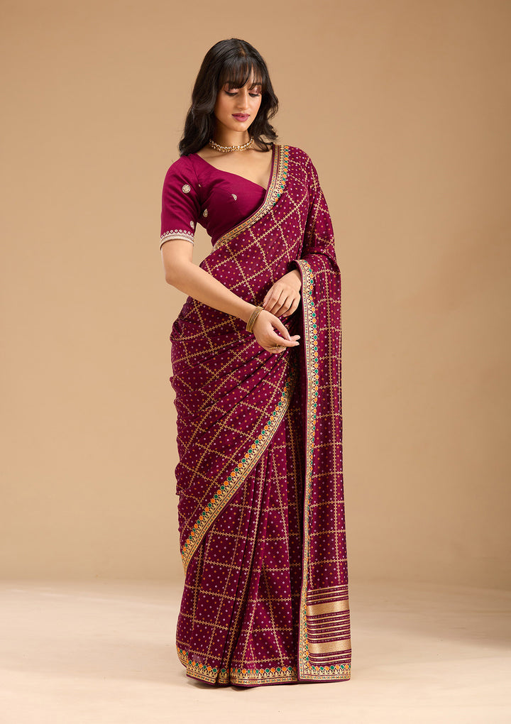 Wine Gold Zariwork Soft Raw Silk Saree