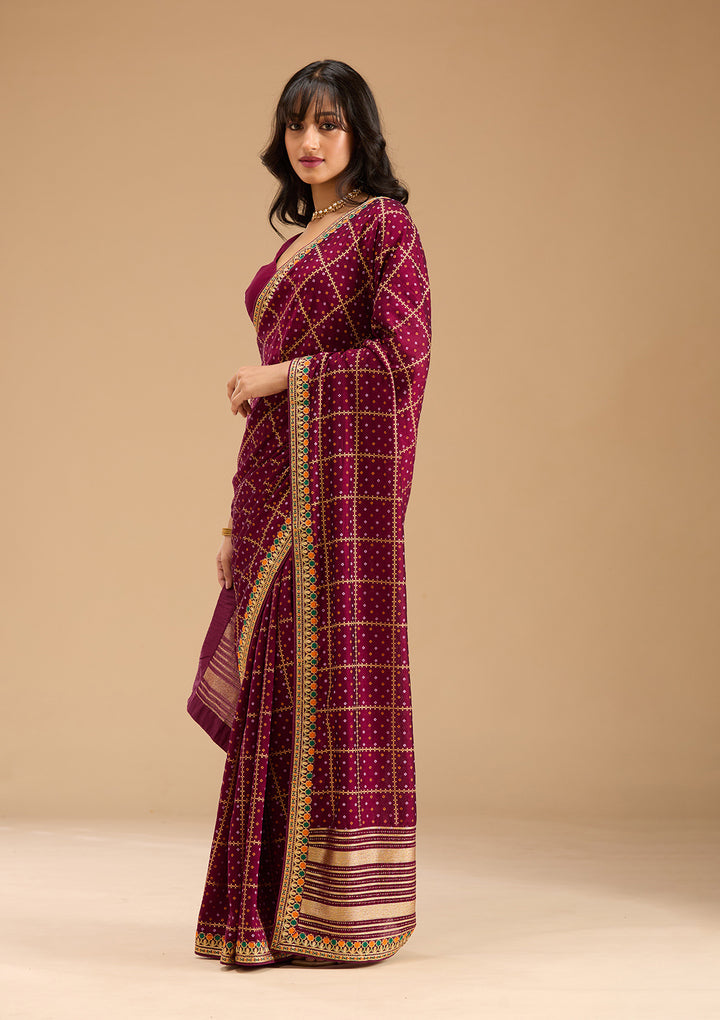 Wine Gold Zariwork Soft Raw Silk Saree