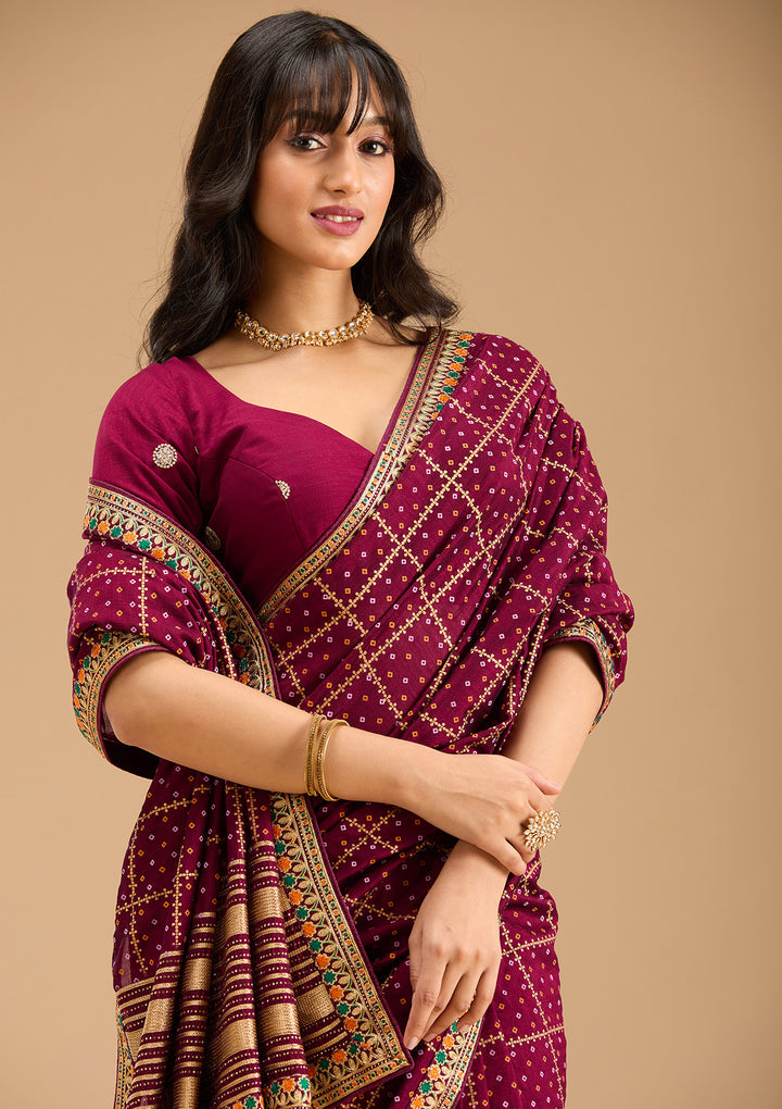 Wine Gold Zariwork Soft Raw Silk Saree