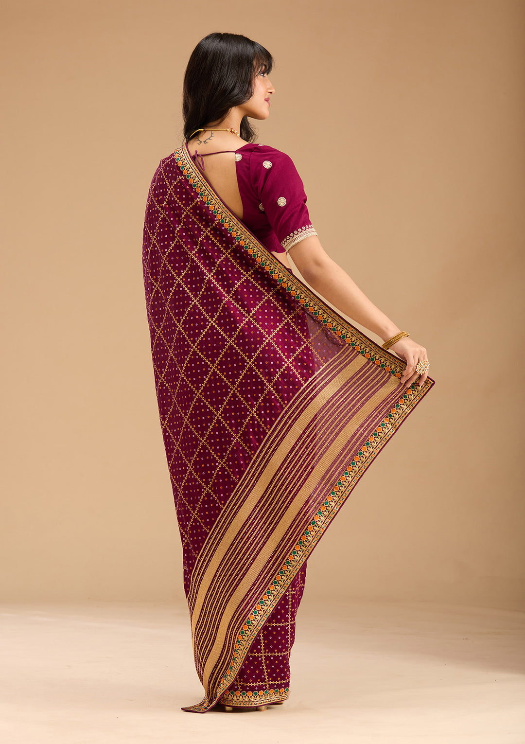 Wine Gold Zariwork Soft Raw Silk Saree