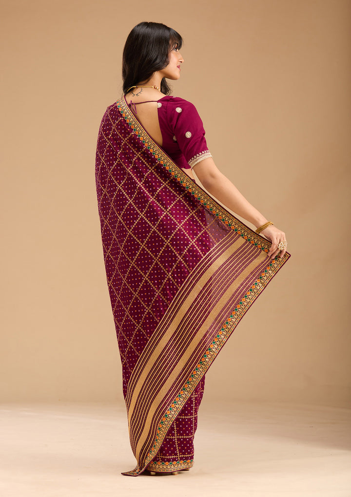 Wine Gold Zariwork Soft Raw Silk Saree