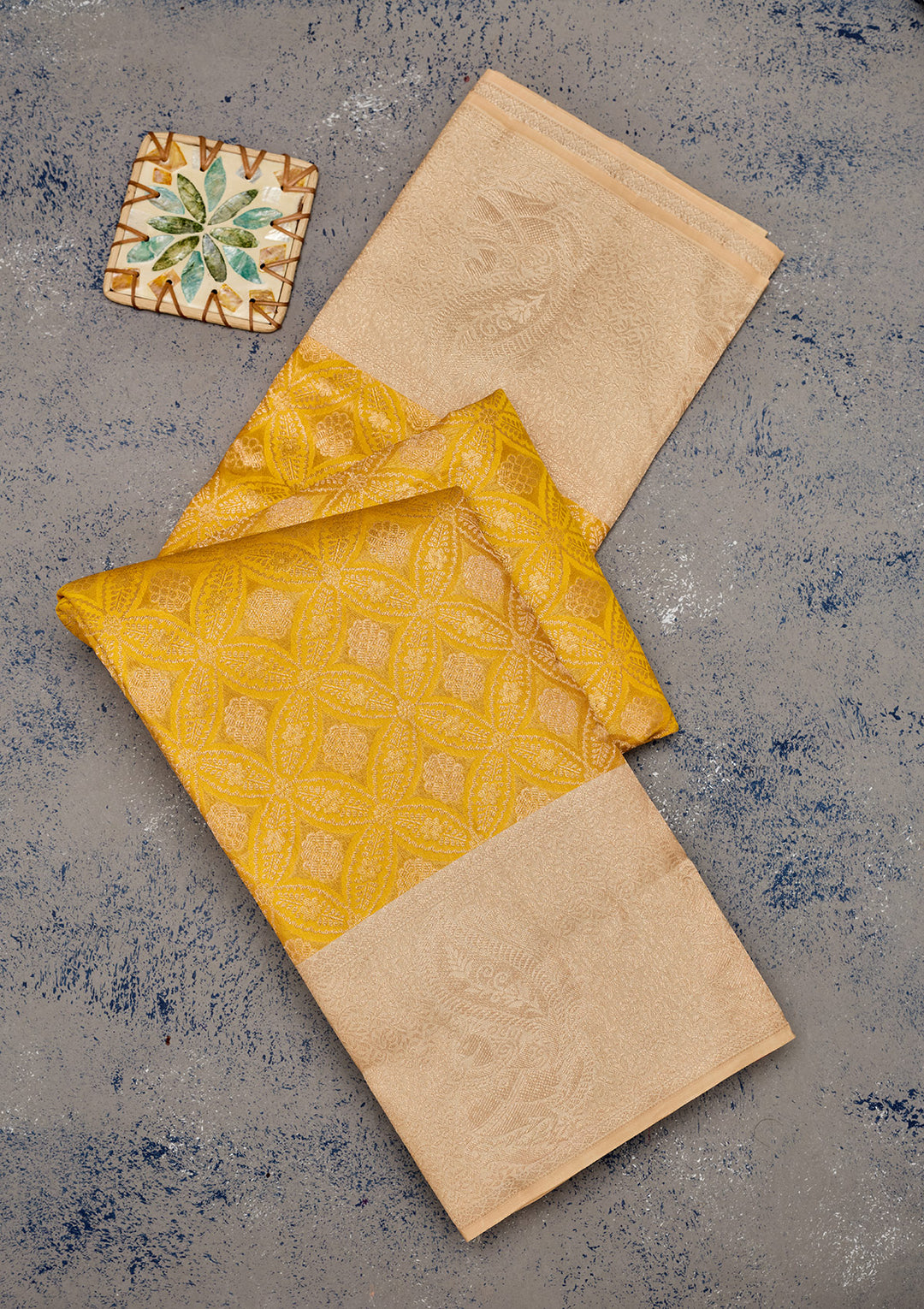Yellow Silk Jaal Saree With Matching Blouse Piece