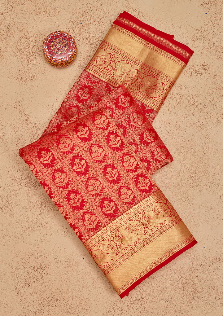 Red Silk Jaal Gold Zariwork Saree With Matching Blouse Piece