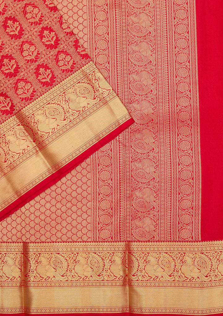 Red Silk Jaal Gold Zariwork Saree With Matching Blouse Piece