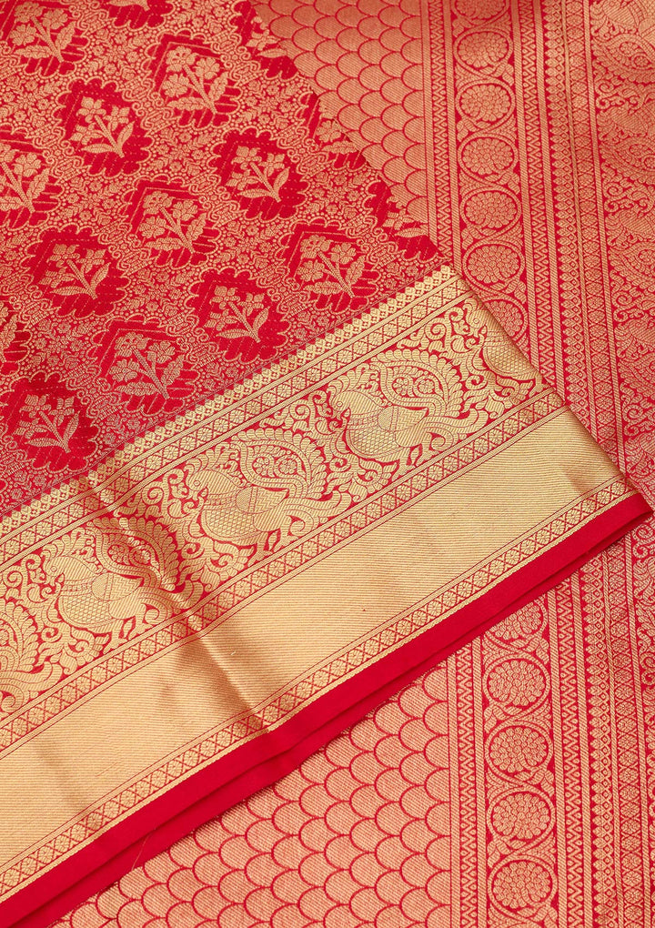 Red Silk Jaal Gold Zariwork Saree With Matching Blouse Piece