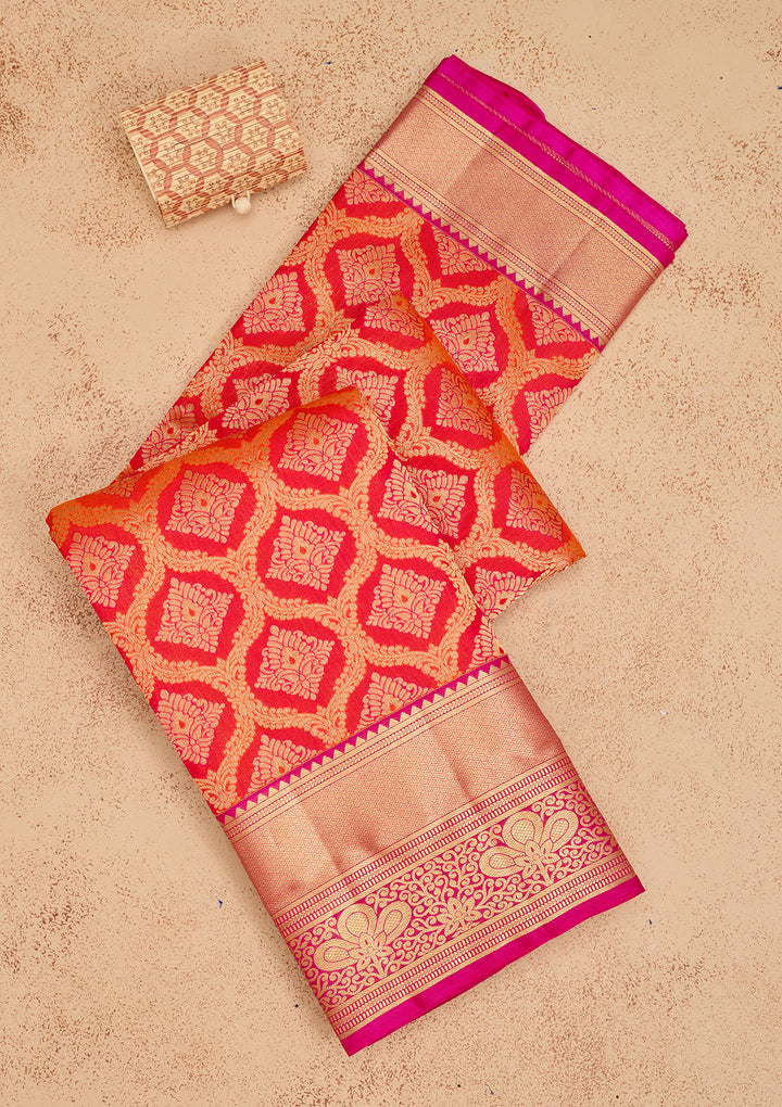 Red Silk Jaal Saree With Matching Blouse Piece