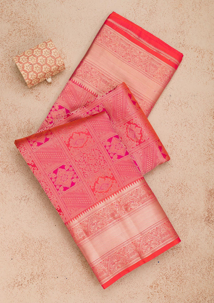 Orange Silk Jaal Gold Zariwork Saree With Matching Blouse Piece