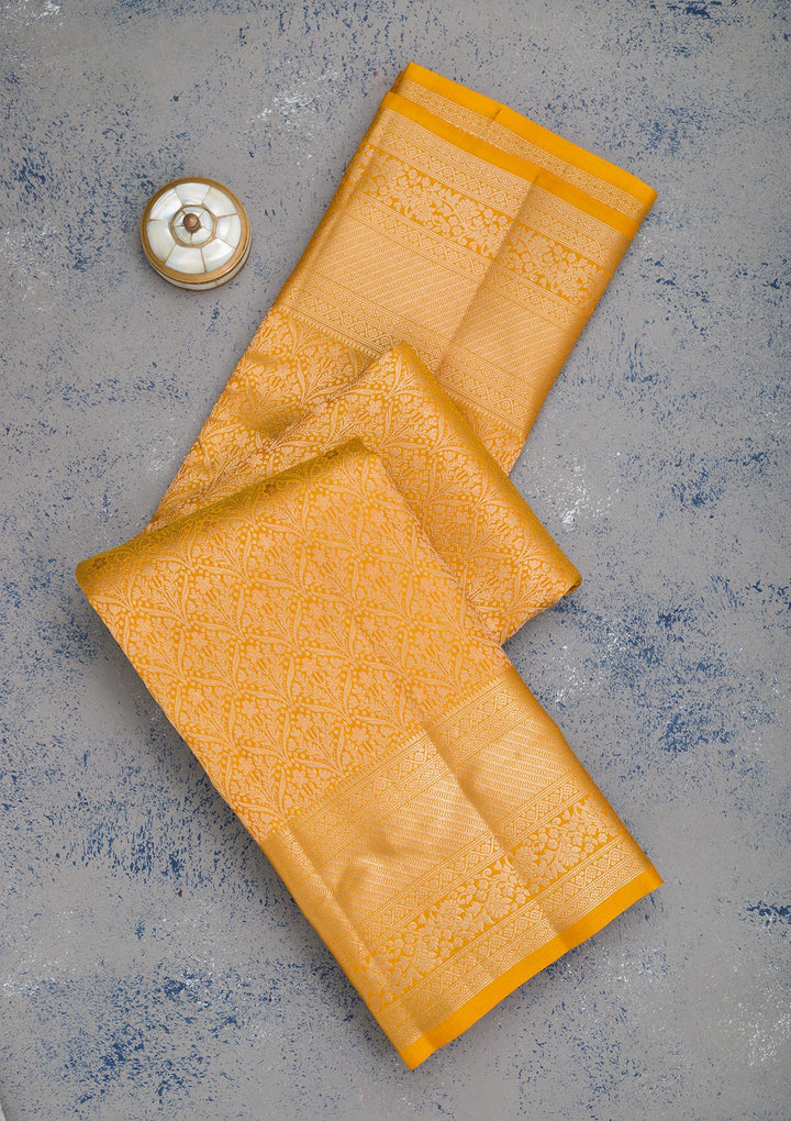 Mustard Silk Jaal Gold Zariwork Saree With Matching Blouse Piece