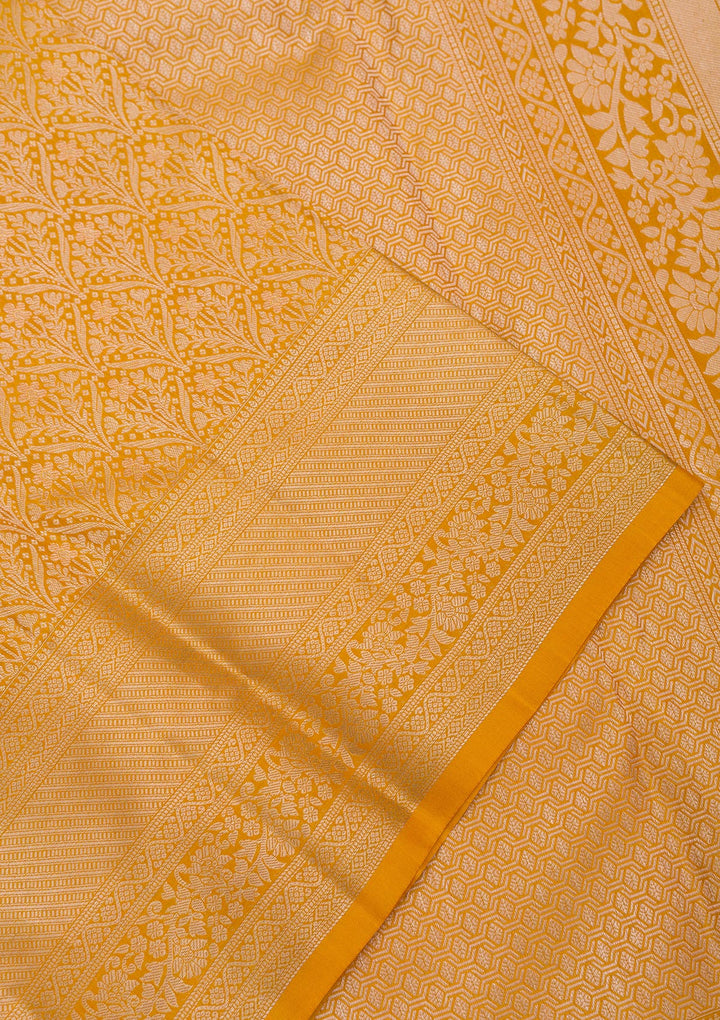 Mustard Silk Jaal Gold Zariwork Saree With Matching Blouse Piece