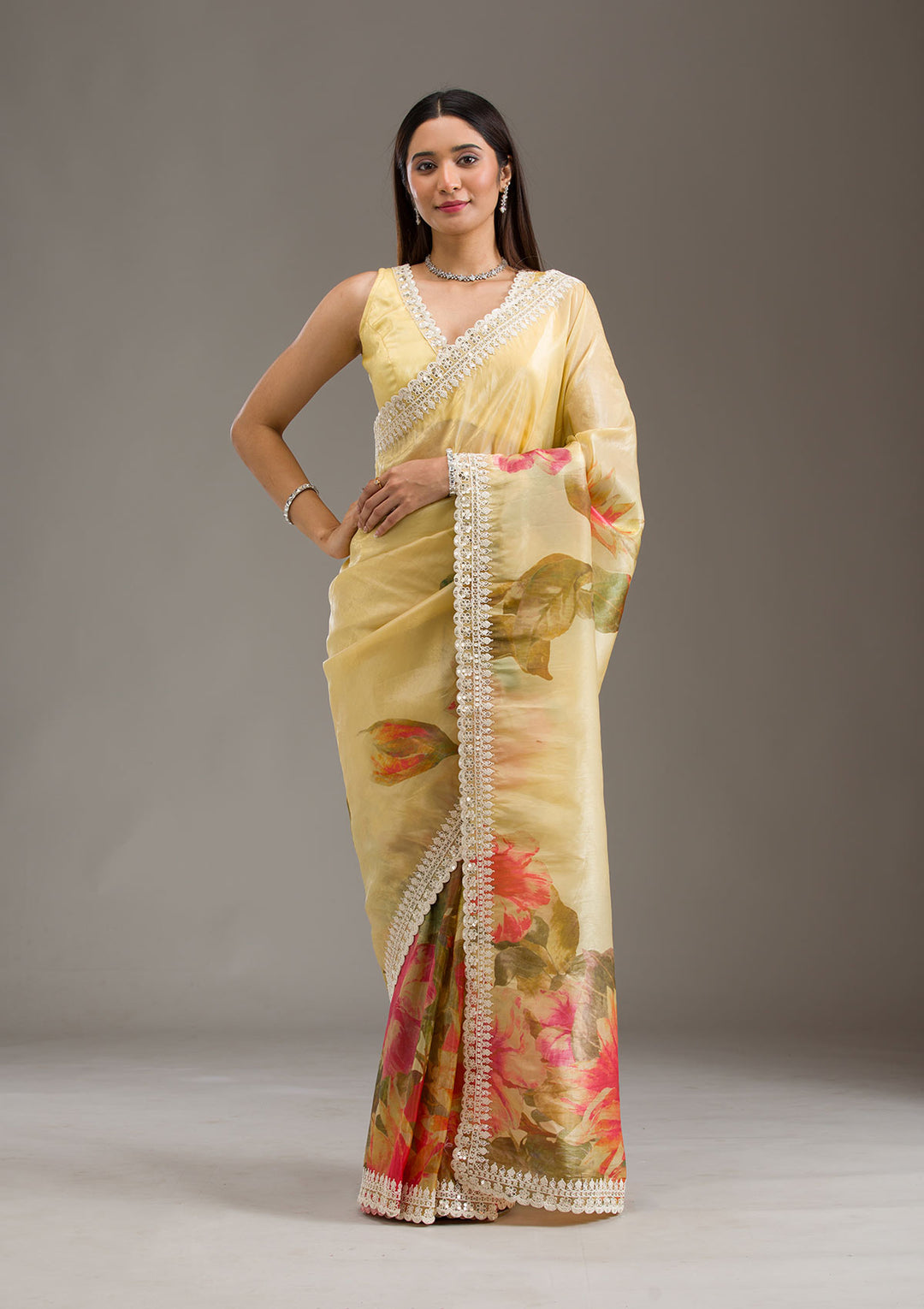 Yellow Sequins Tissue Saree