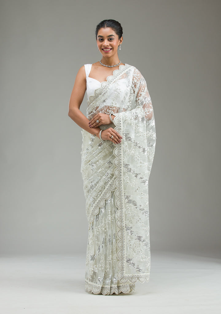 Off White Threadwork Net Saree