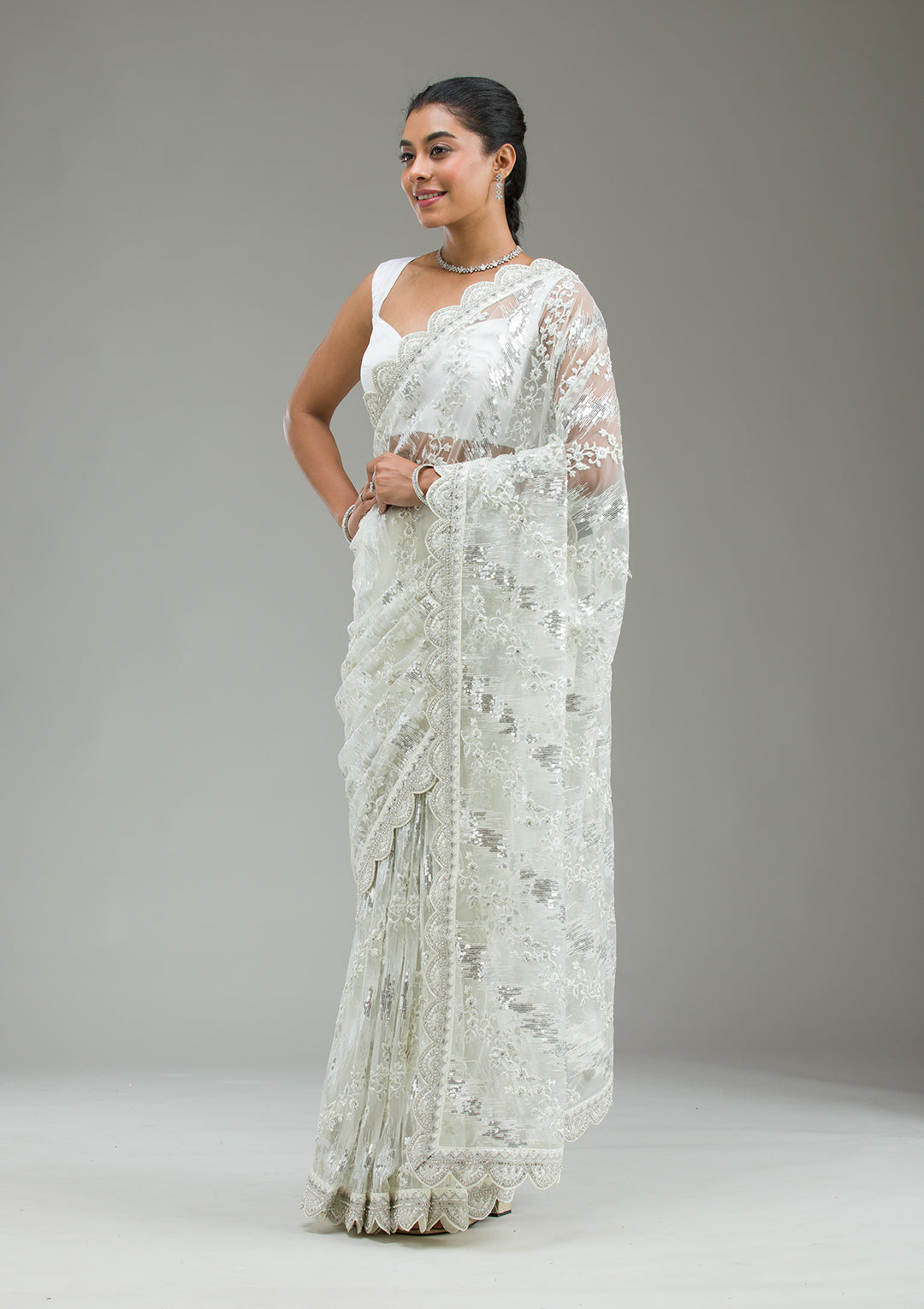 Off White Threadwork Net Saree