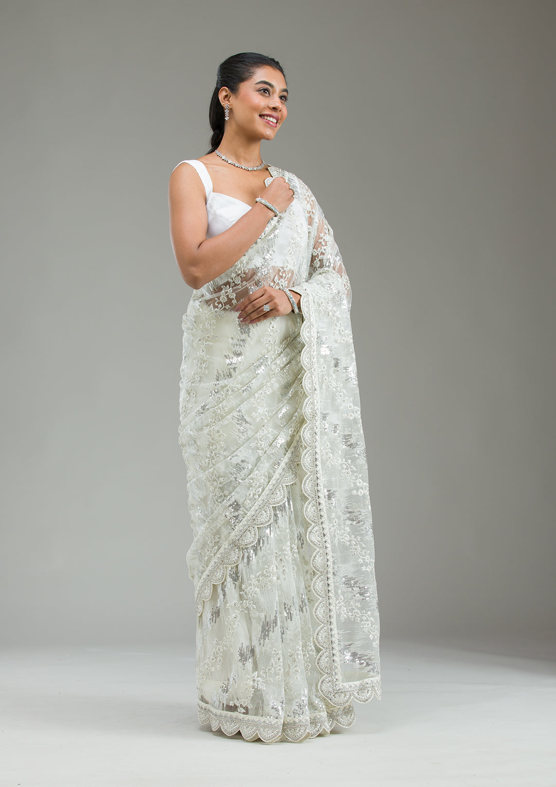 Off White Threadwork Net Saree