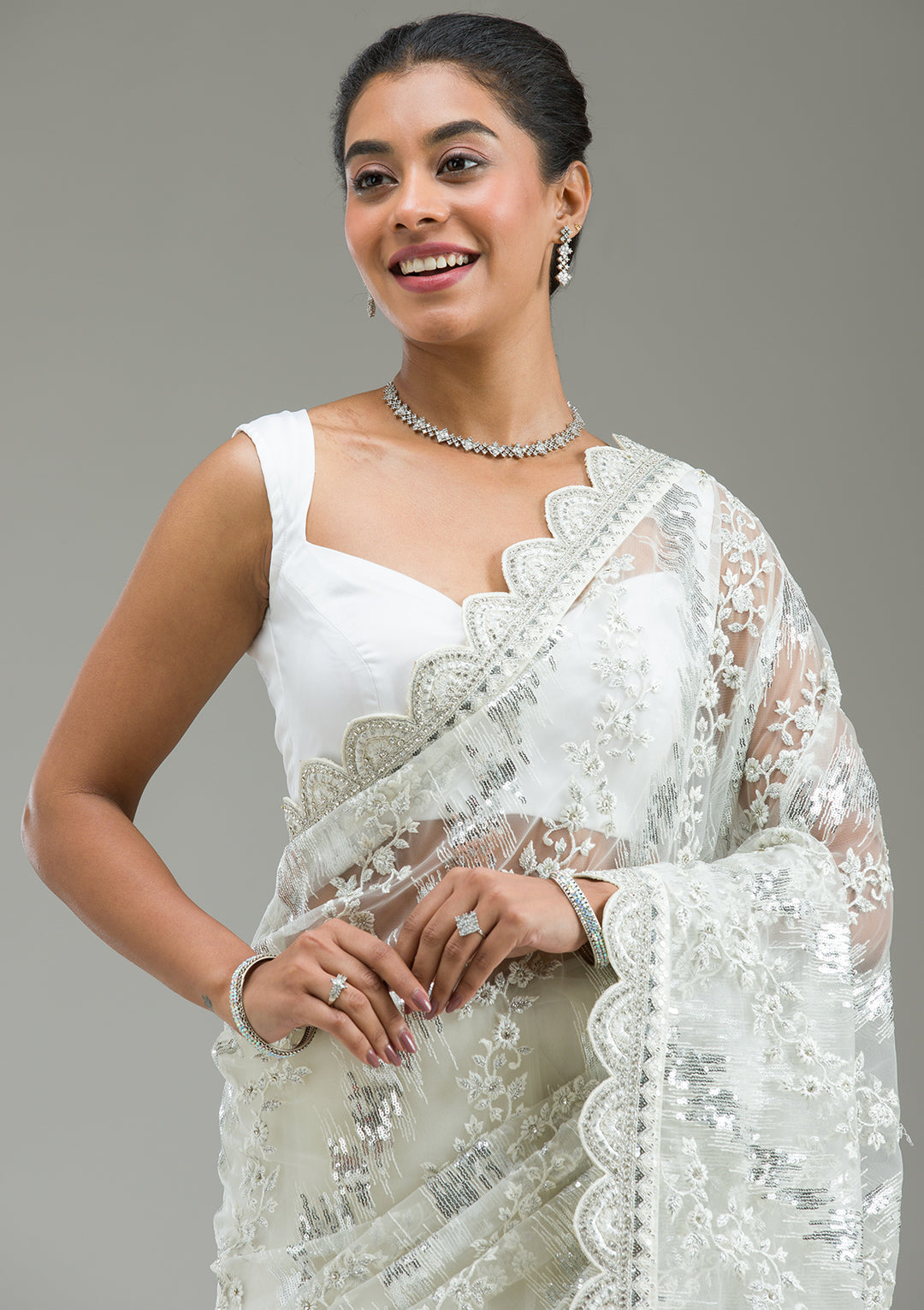 Off White Threadwork Net Saree