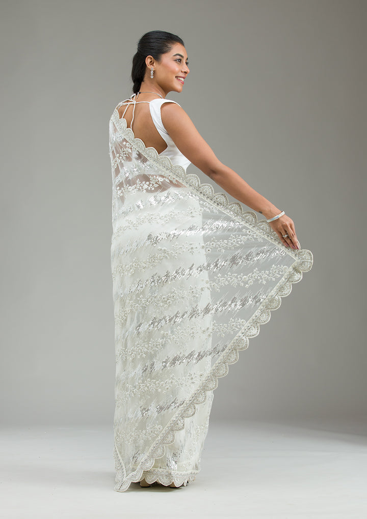 Off White Threadwork Net Saree