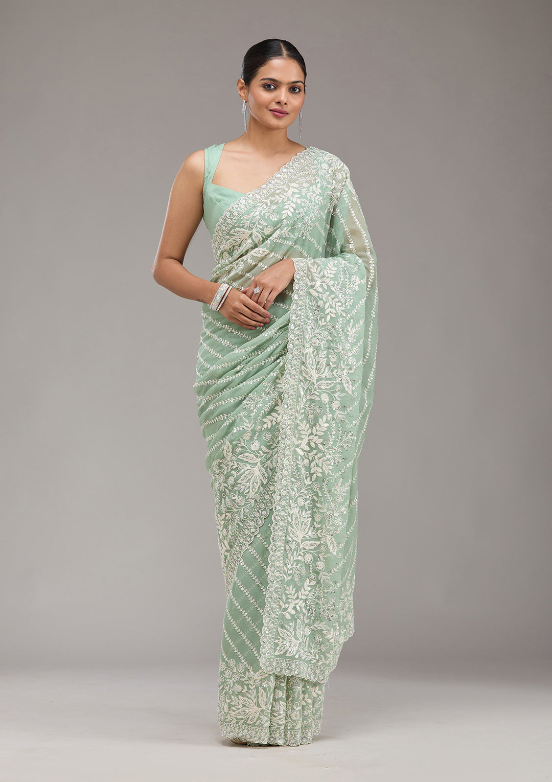 Pista Green Sequins Georgette Saree