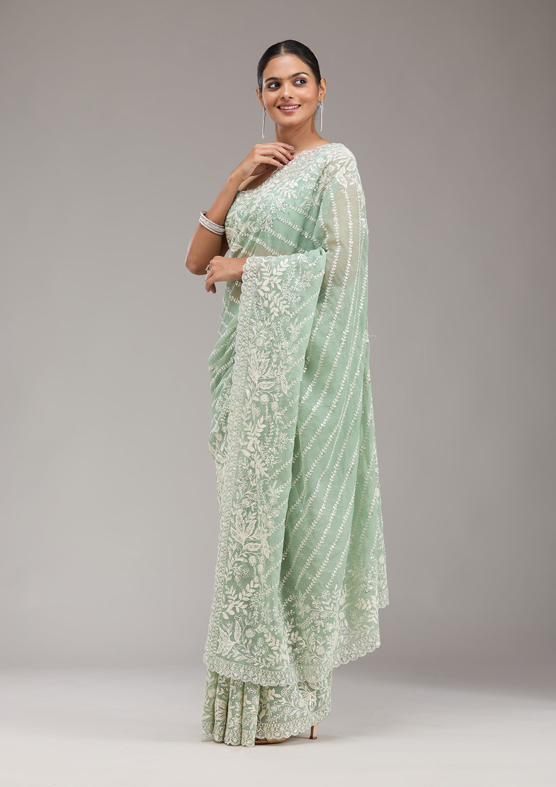 Pista Green Sequins Georgette Saree