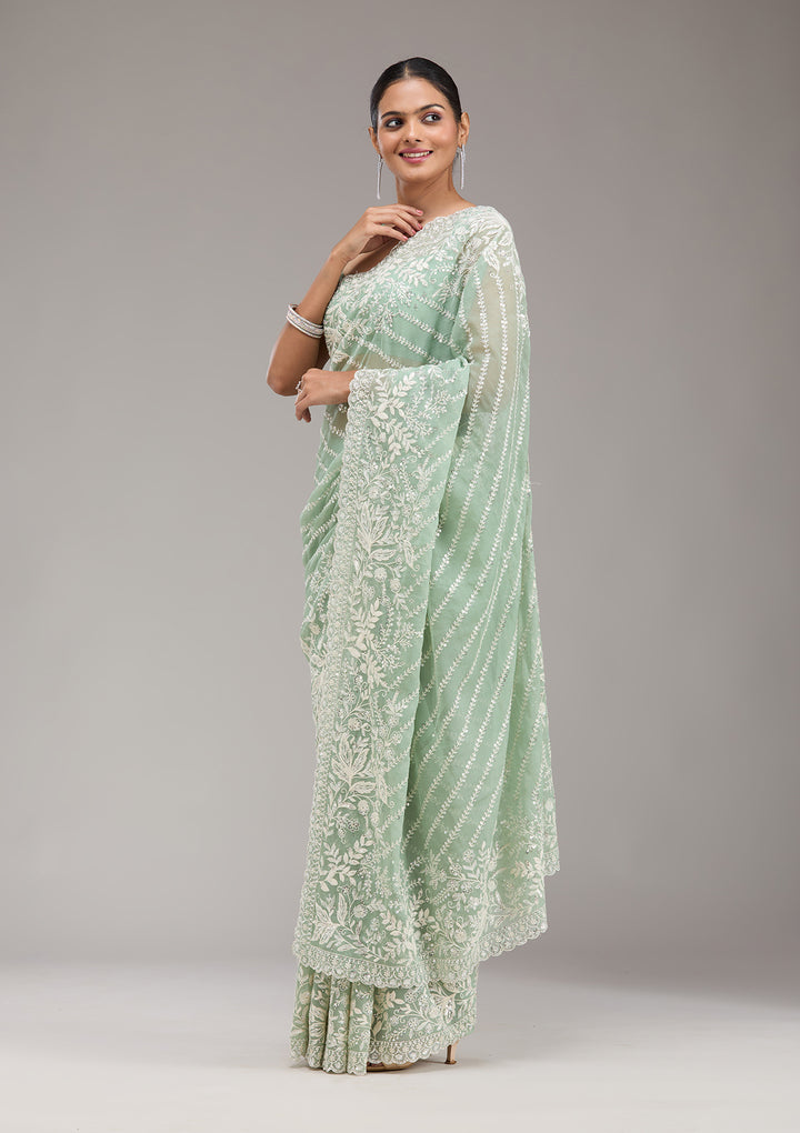 Pista Green Sequins Georgette Saree