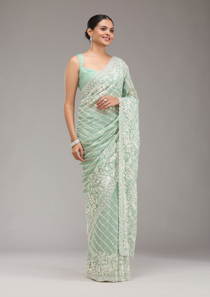 Pista Green Sequins Georgette Saree