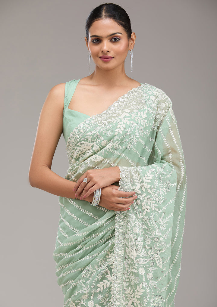 Pista Green Sequins Georgette Saree