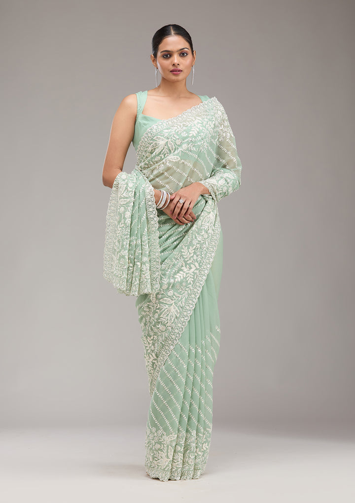 Pista Green Sequins Georgette Saree