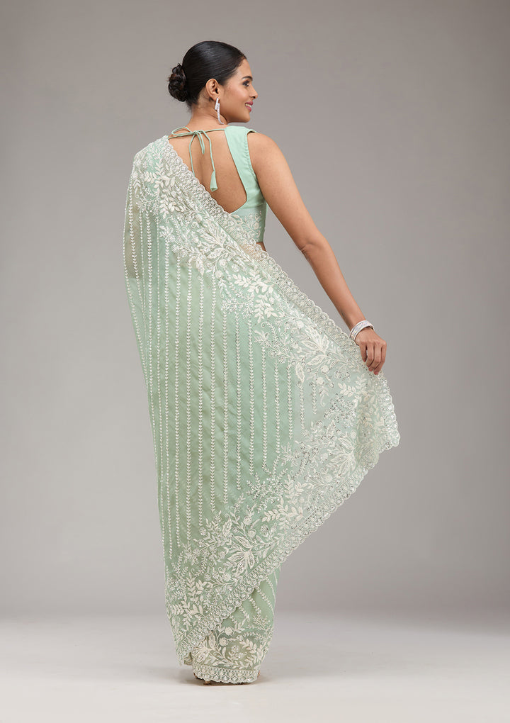Pista Green Sequins Georgette Saree