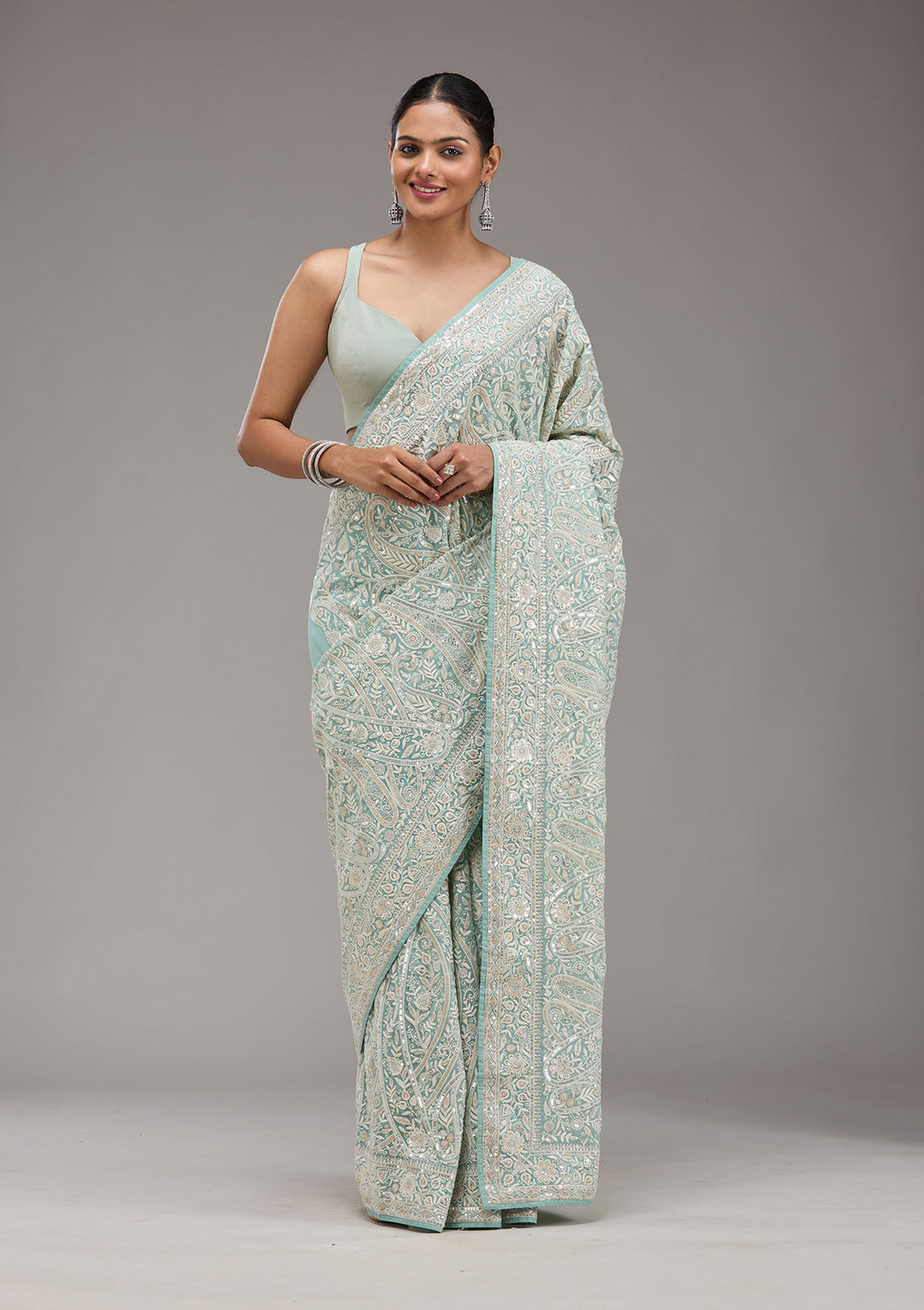 Sky Blue Threadwork Georgette Saree