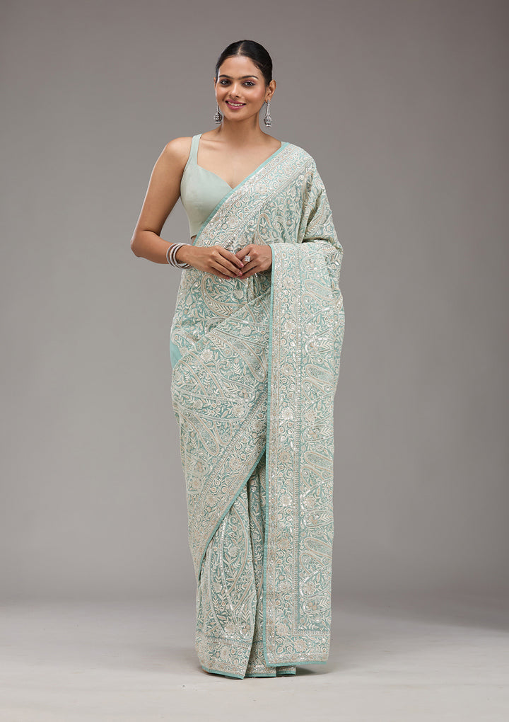 Sky Blue Threadwork Georgette Saree