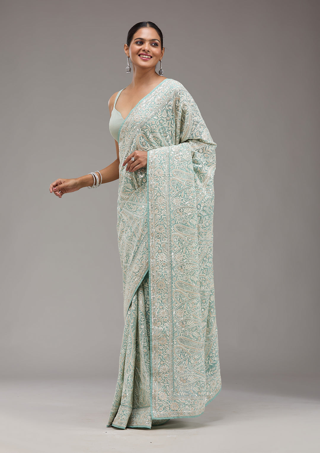 Sky Blue Threadwork Georgette Saree