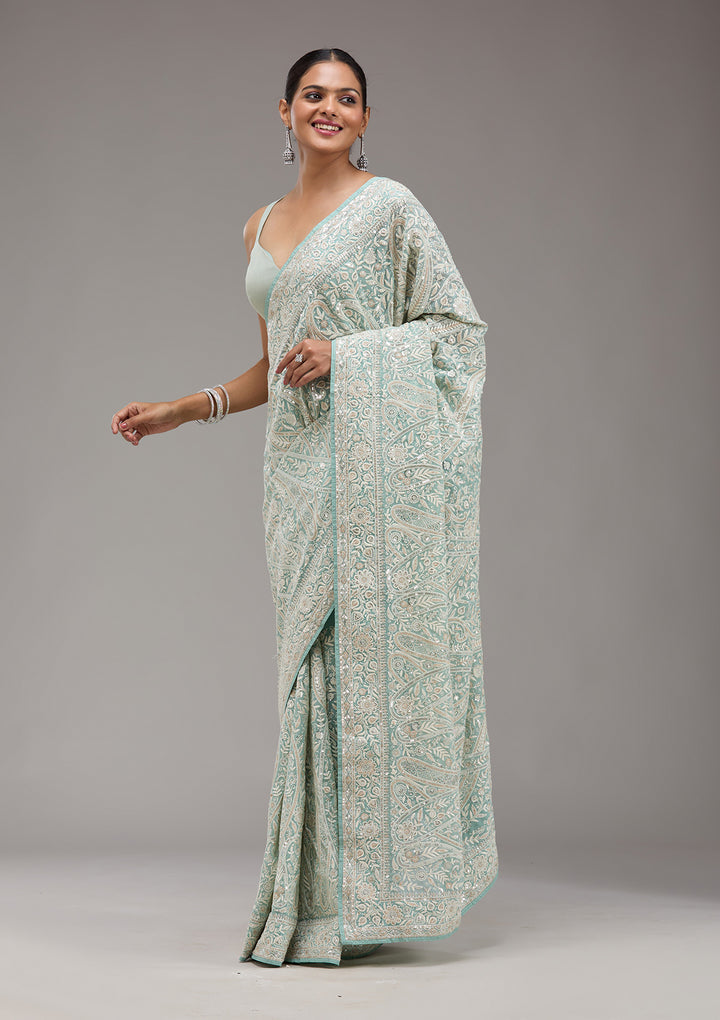 Sky Blue Threadwork Georgette Saree