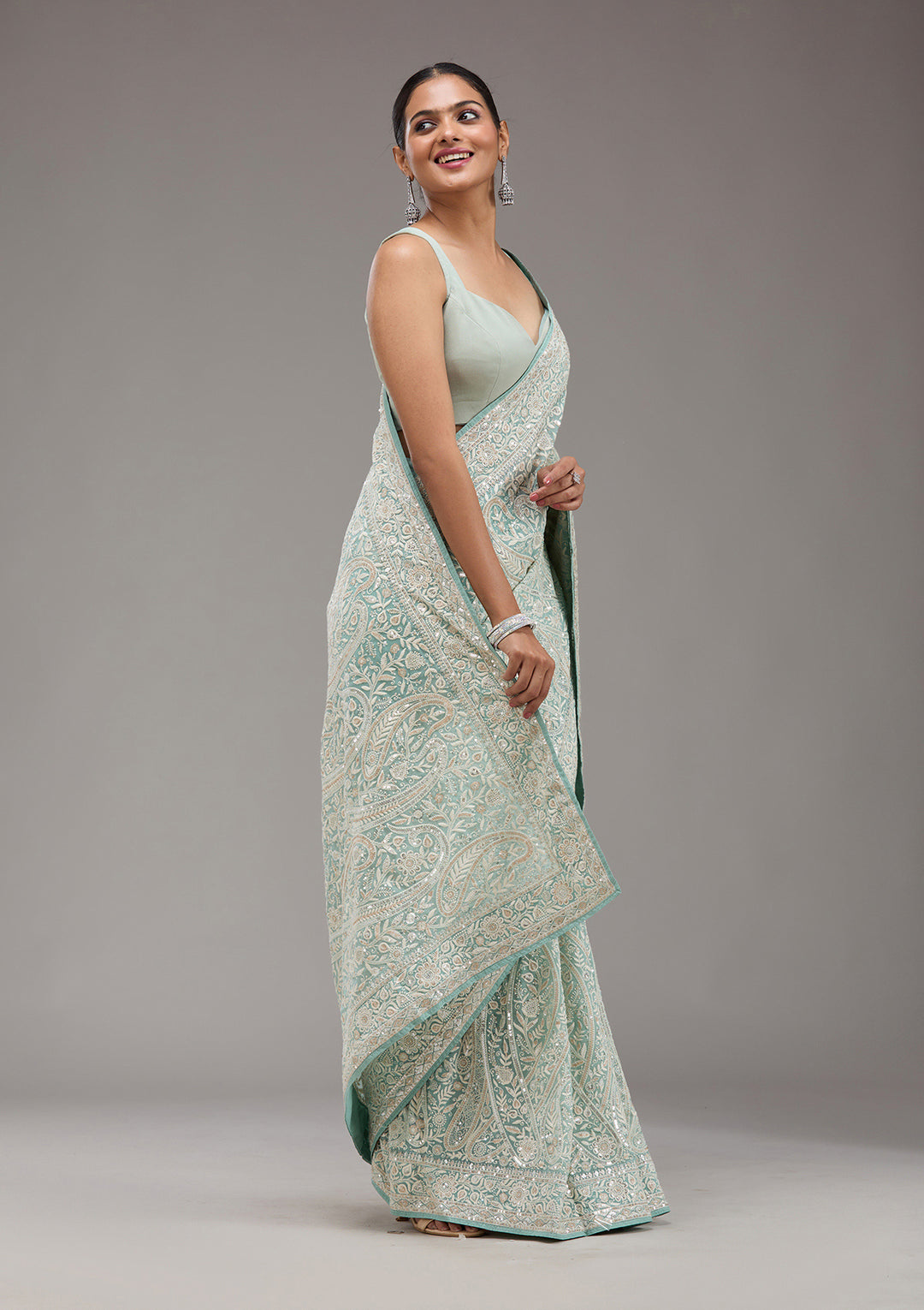 Sky Blue Threadwork Georgette Saree
