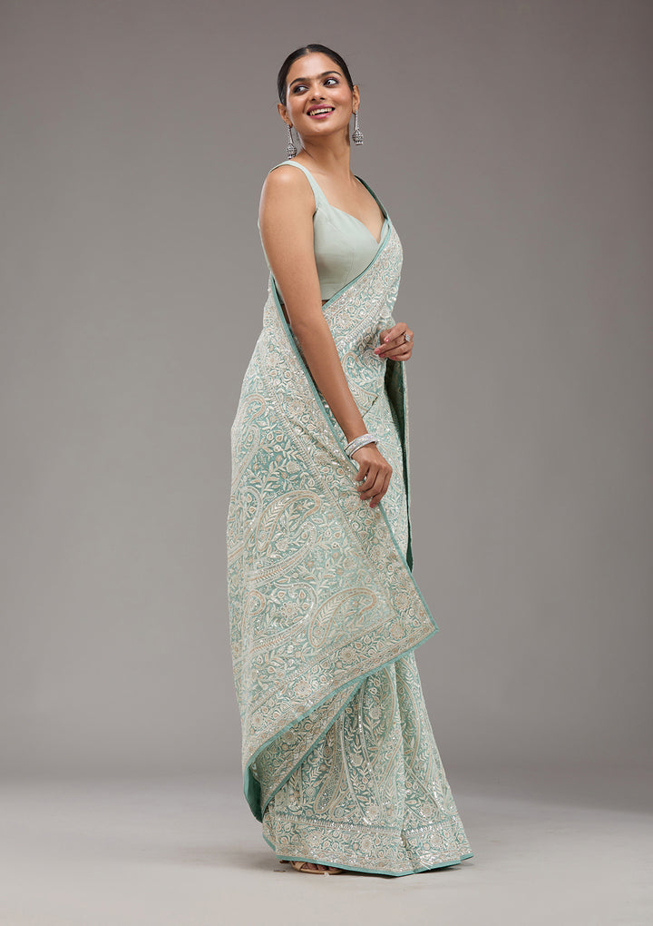 Sky Blue Threadwork Georgette Saree