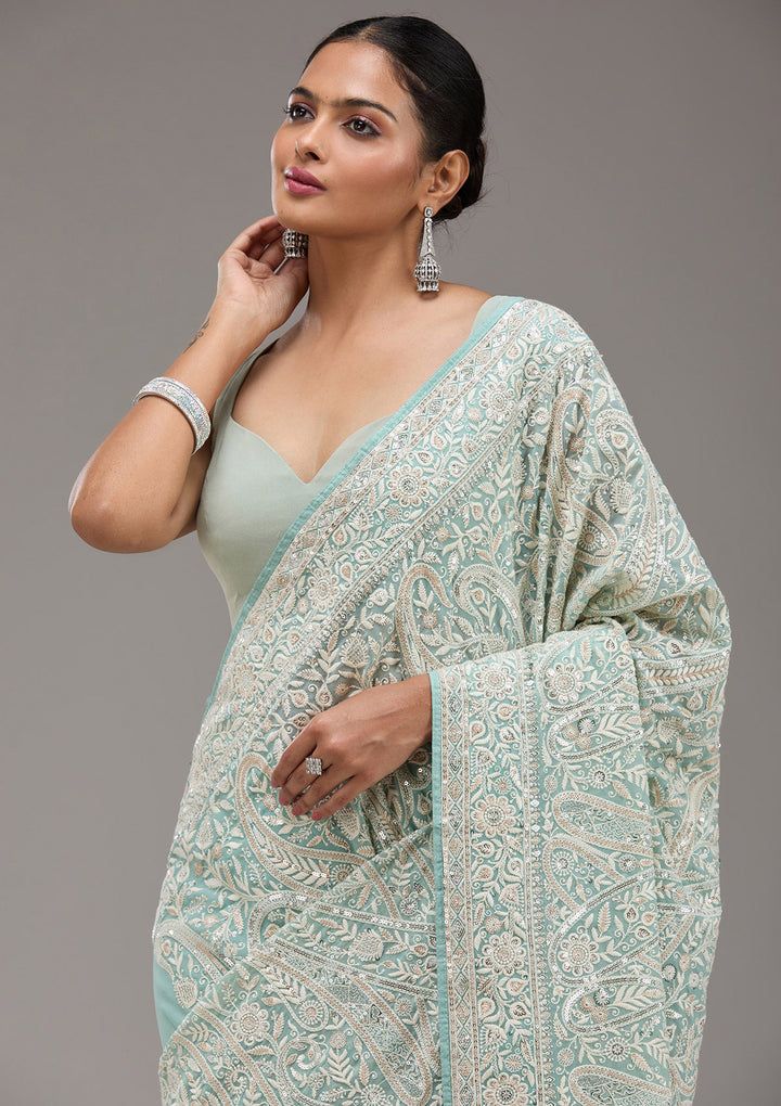 Sky Blue Threadwork Georgette Saree