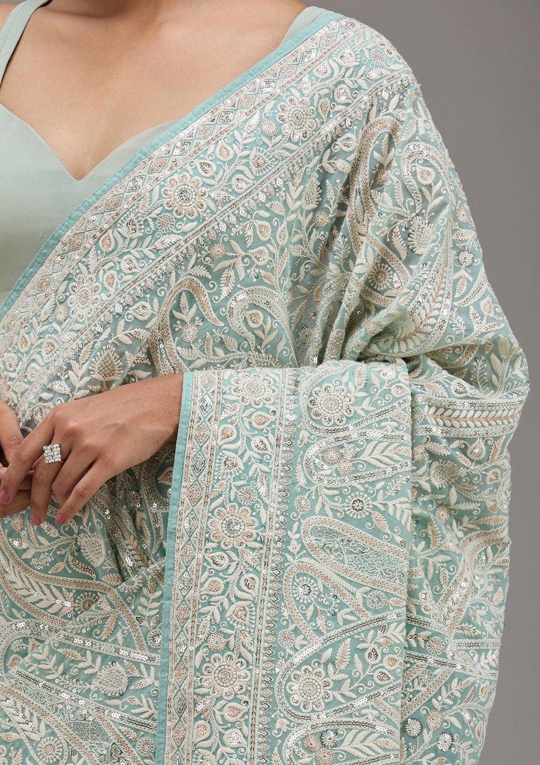 Sky Blue Threadwork Georgette Saree